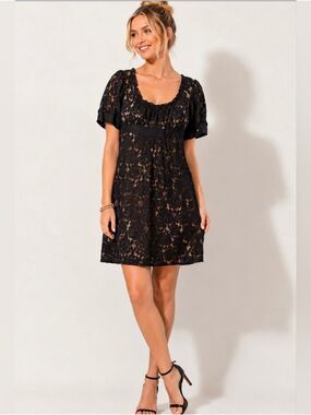 LOFT black lace midi dress with nude lining short sleeves Size 2